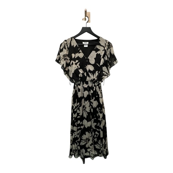 DKNY Black Floral Midi Dress Size 4 V Neck Flutter Sleeve Elegant - Picture 1 of 9